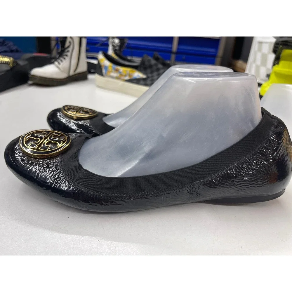 Tory Burch Reva Black Patent Leather Gold Logo Ballet Flats Size 10M